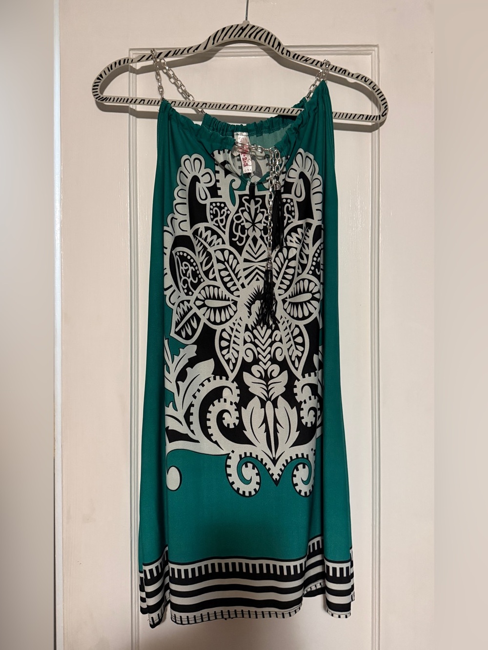 Green Printed Chain Strap Camisole Dress with Black & White Pattern